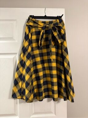 Yellow and Navy Plaid A-Line Midi Skirt with Waist Tie